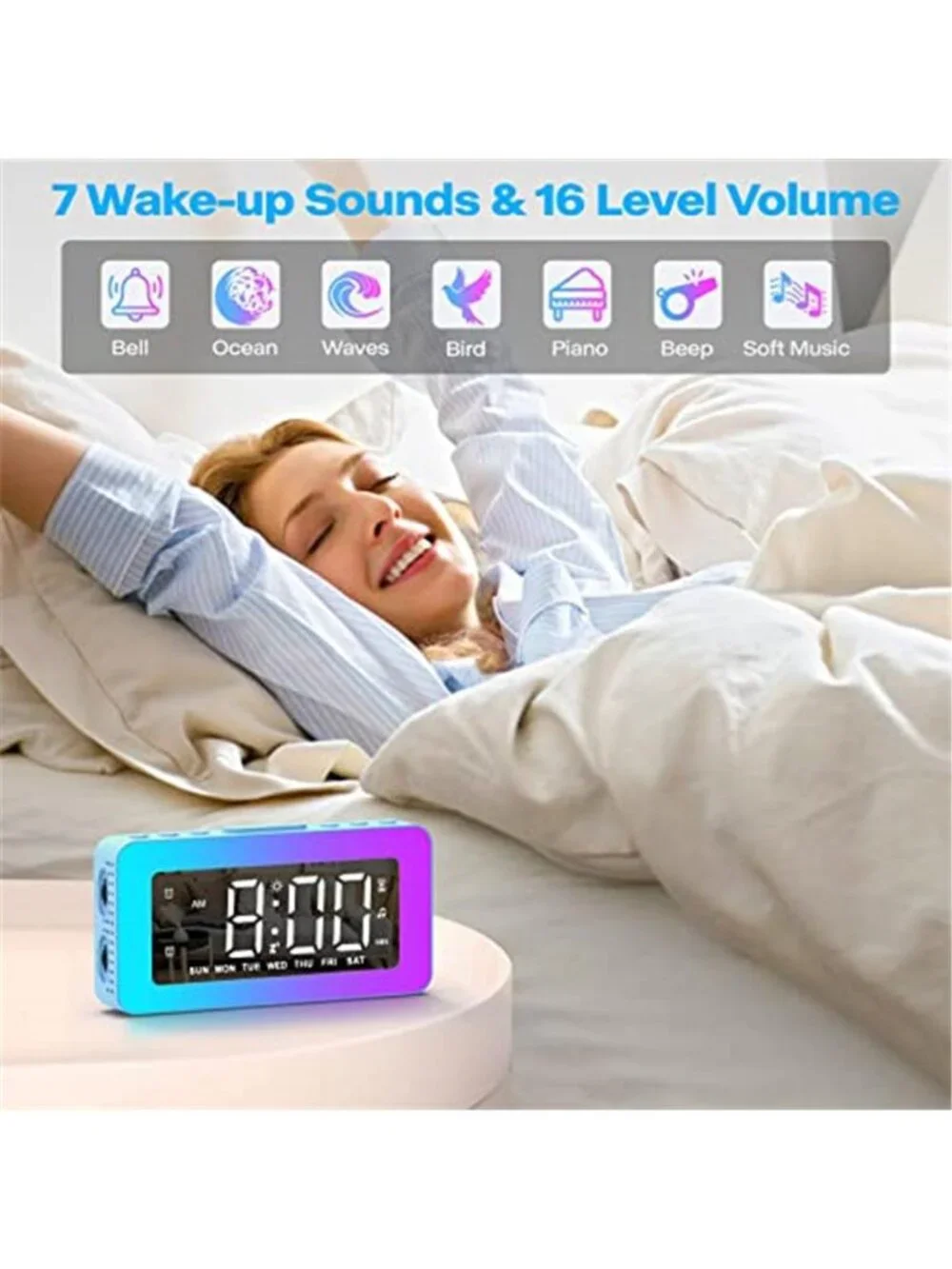 LED Alarm Clock Digital Mirror Display RGB Night Light Dual Alarm USB Charger